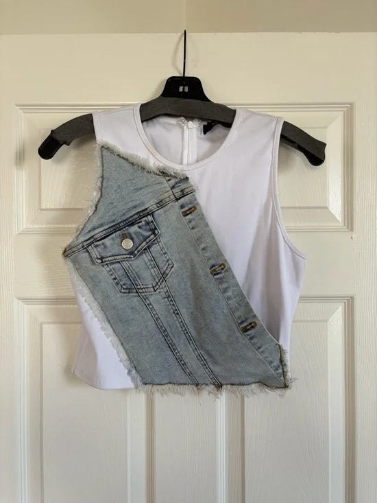 AKIRA White Ribbed Crop Tank with Light Blue Denim Vest Panel - Picture 1 of 2